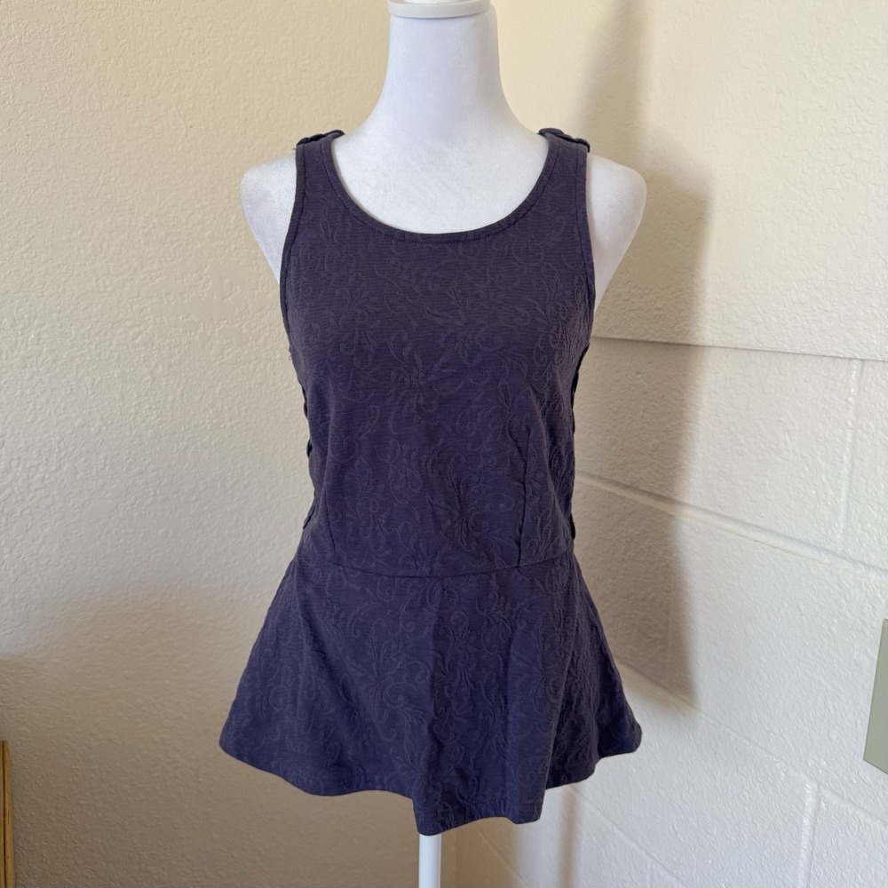 Free People Peplum Top Womens S Purple Macrame Cage Back Floral Jacquard Boho